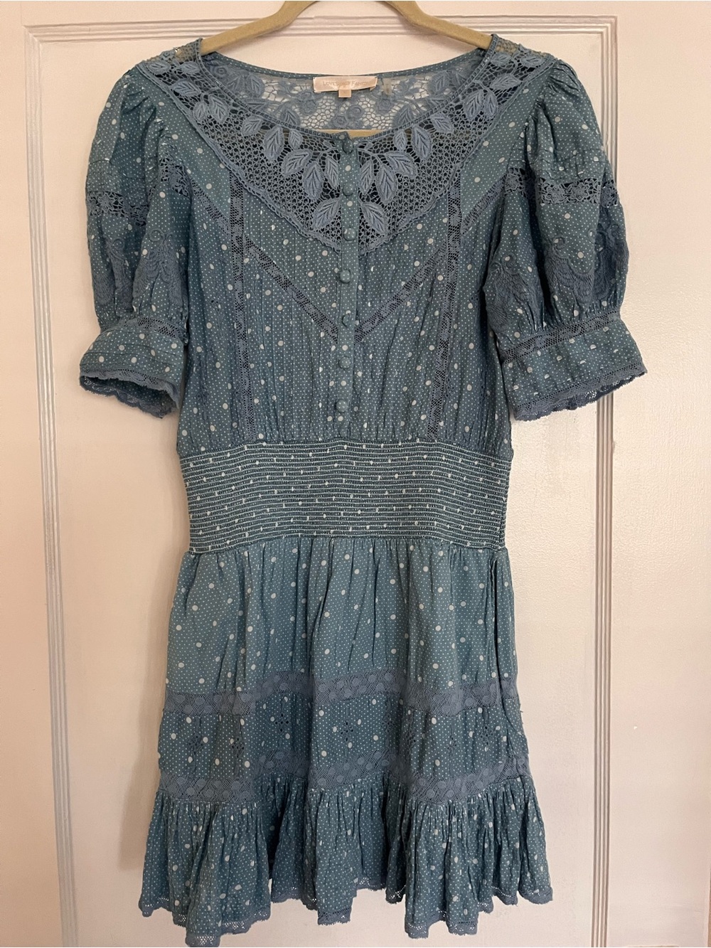 LoveShackFancy Dusty Blue Polka Dot Lace-Trim Mini Dress